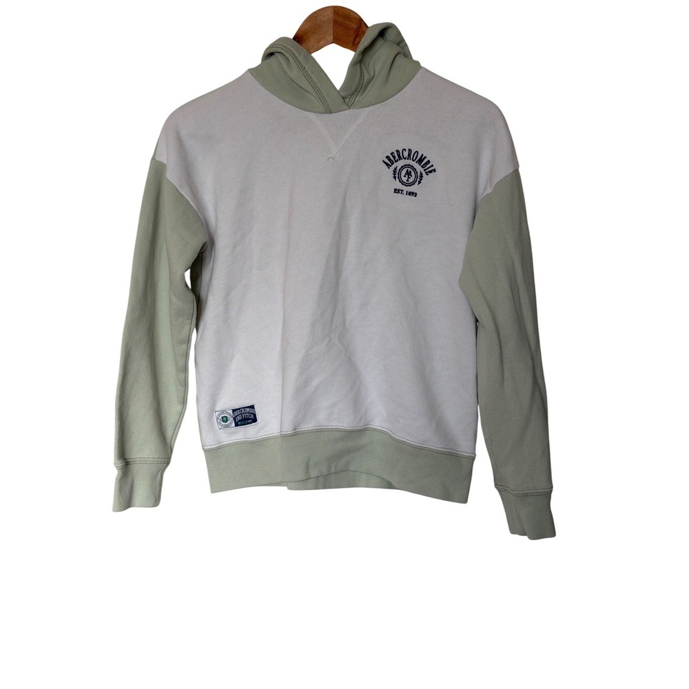Abercrombie Kids Hoodie 13/14 Gray Green Colorblock Logo‎ Fleece Pullover